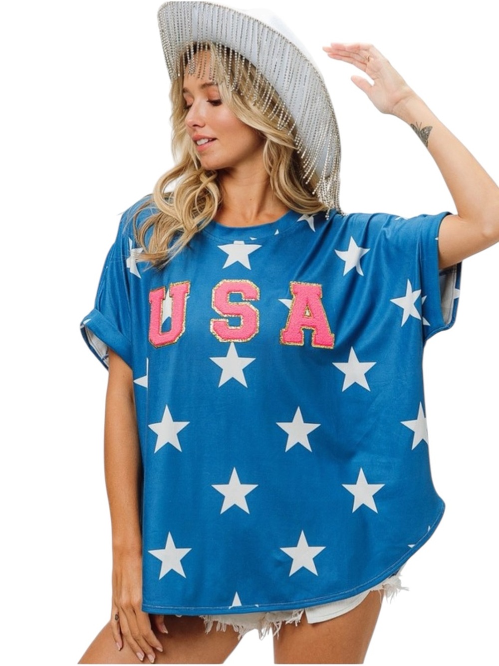 7151. Bibi USA Star Print Blue Women's Tee